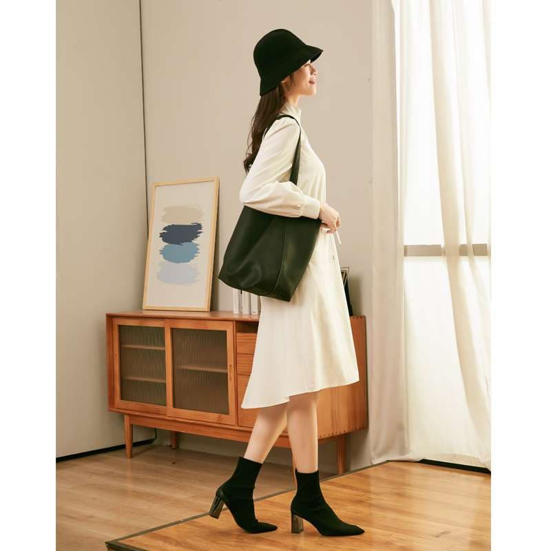 ロングワンピース 優美なギャザースリーブ シャツワンピース