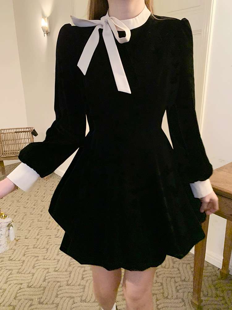 ロングワンピース レトロリボンベルベットミディアムワンピース