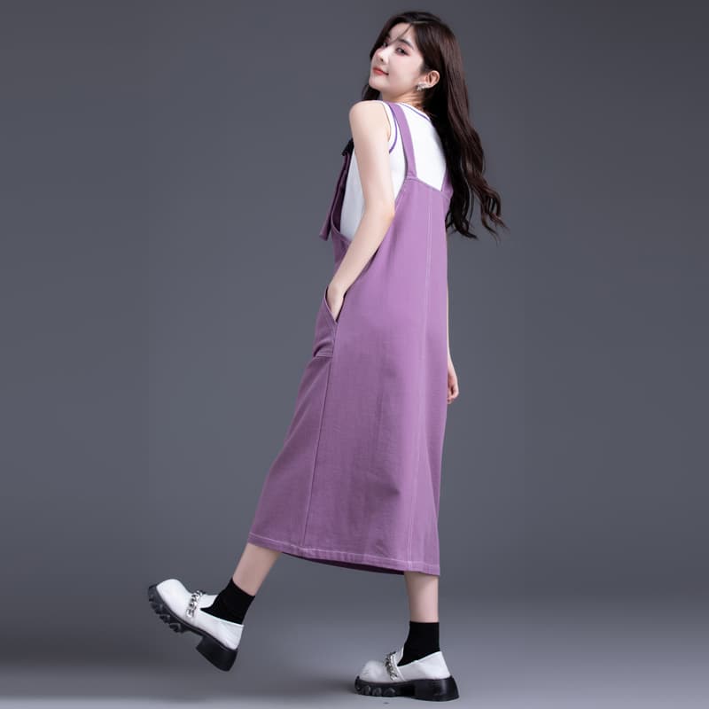 ロングワンピース デニム ゆったりシルエットサロペットワンピース