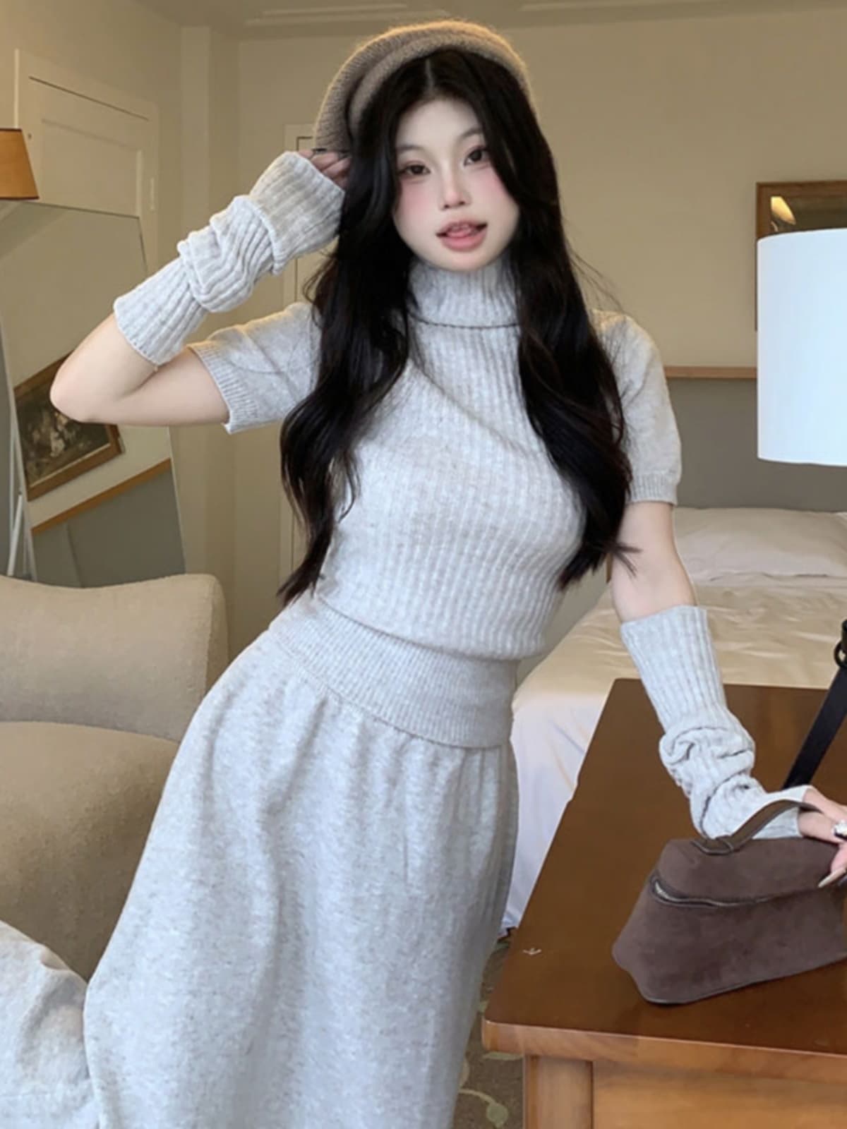 ロングワンピース　ニット リブニットふんわり袖ワンピース