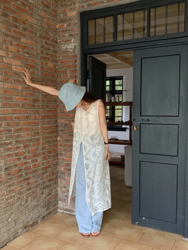 ロングワンピース 透かし編みニット ロング丈ノースリーブワンピース