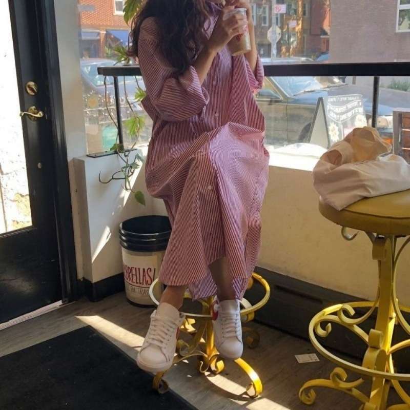 ロングワンピース ナチュラルストライプシャツワンピース