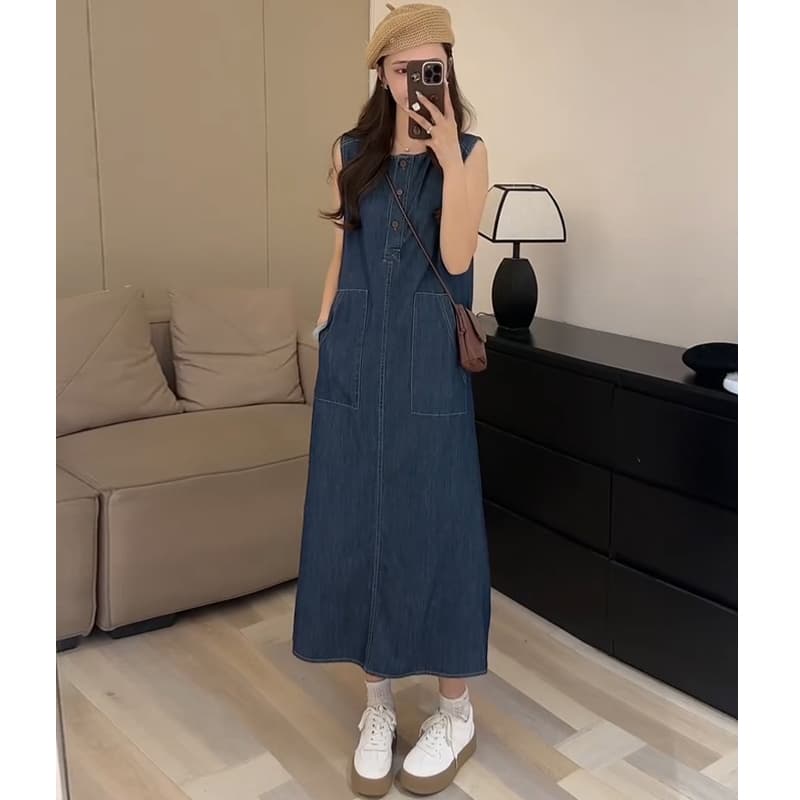 ロングワンピース　デニム ベーシックノースリーブデニムワンピース