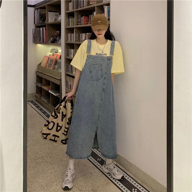 ロングワンピース オーバーオール風デニムマキシワンピース
