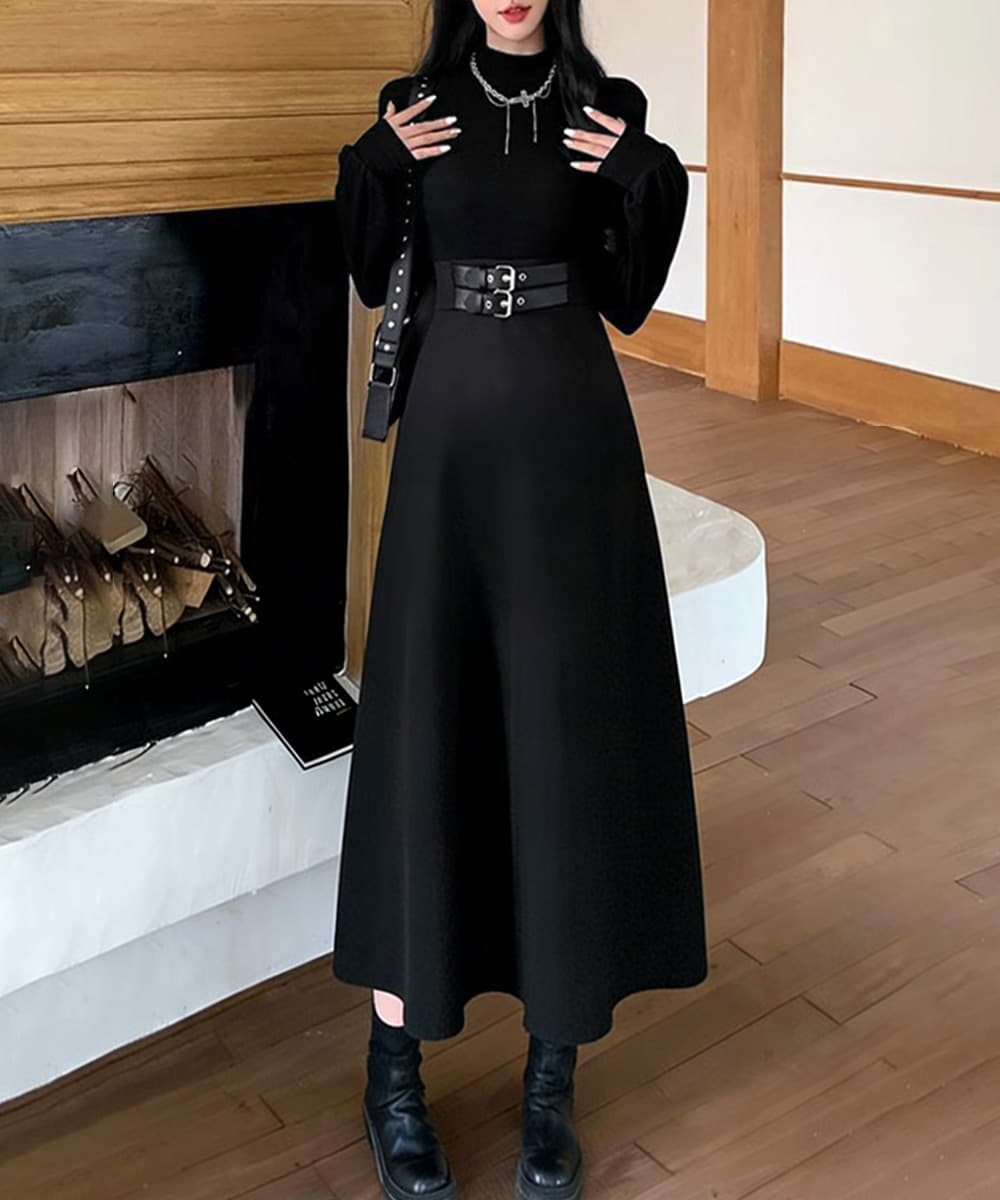 ニット切り替えベルト飾りロングワンピース