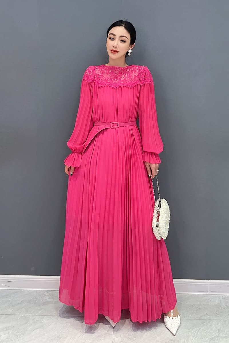 ロングワンピース レース 胸元レース透け感プリーツドレス