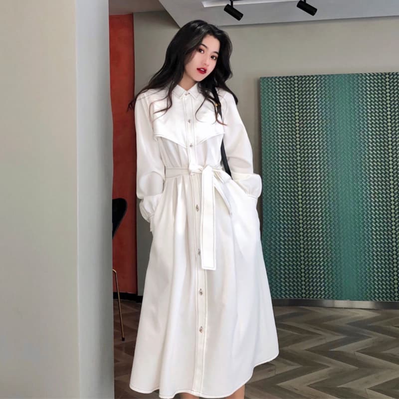 ロングワンピース シャツ ウエストリボンベルト付きロングシャツワンピース