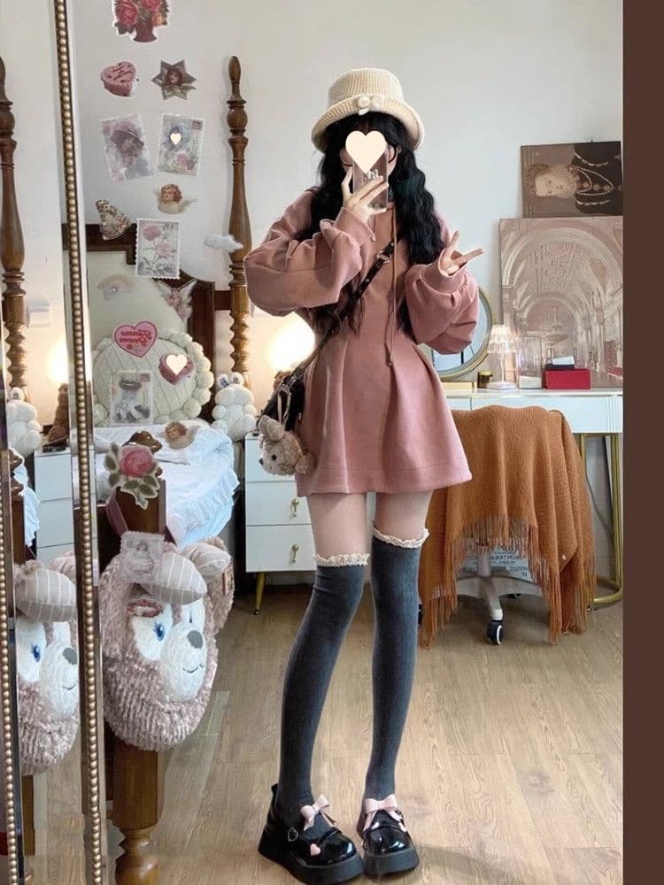 ロングワンピース ふんわり袖のゆったりスウェットミニワンピース
