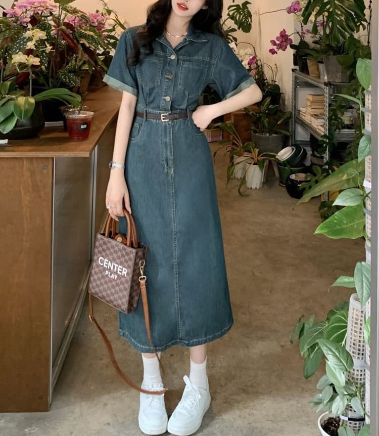 ロングワンピース 優美シルエット デニムワンピース