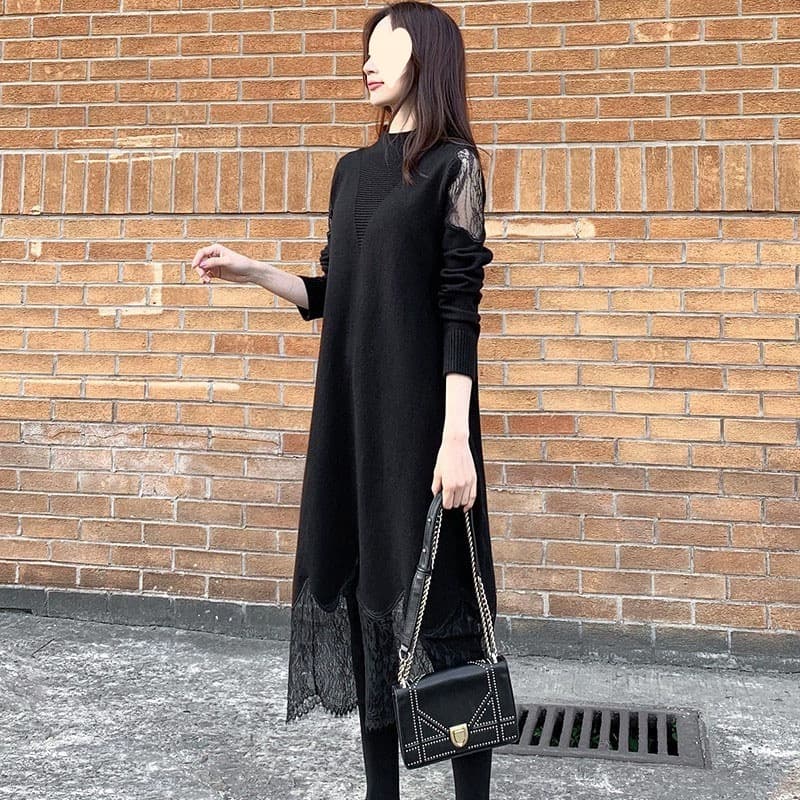 ロングワンピース レースデザインニットワンピース
