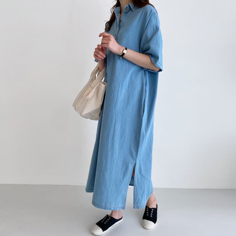 ロングワンピース ゆったりデニムカジュアルワンピース