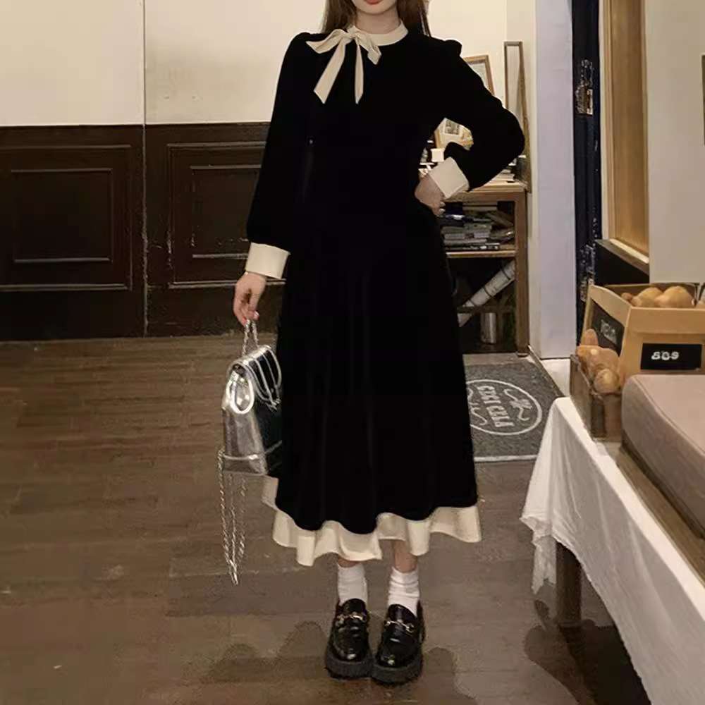 ロングワンピース レトロリボンベルベットミディアムワンピース