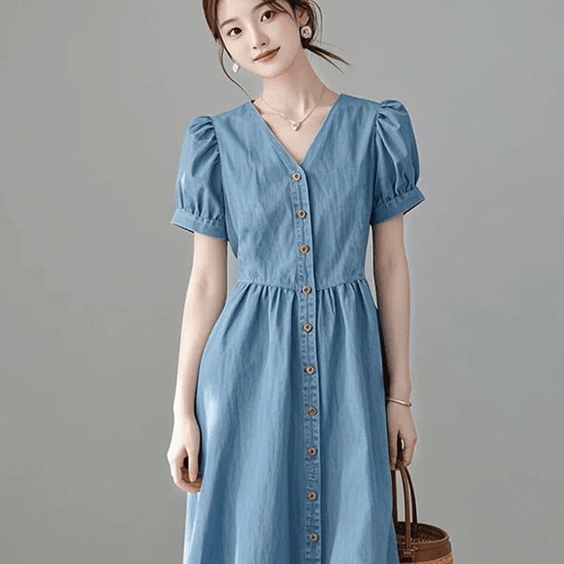 ロングワンピース デニム パフスリーブフロントボタンロングワンピース