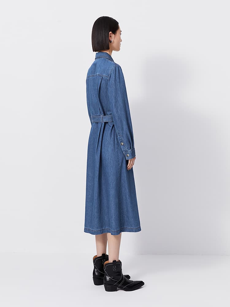 ロングワンピース デニム クラシック前開きベルト付きワンピース