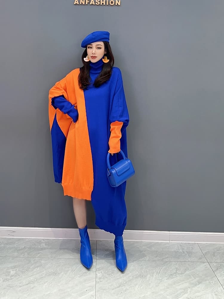 ロングワンピース タートルネック アシンメトリー配色ゆったりニットワンピース