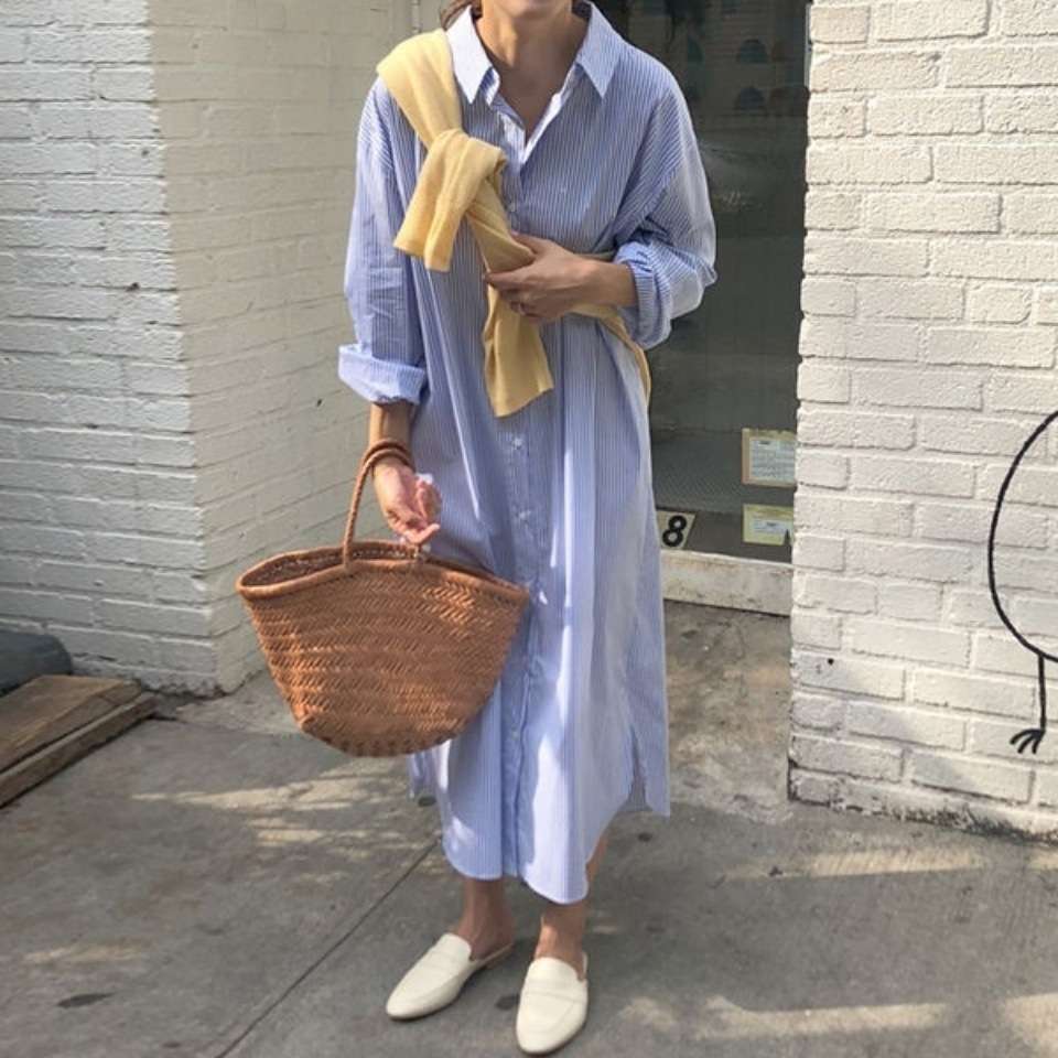 ロングワンピース ナチュラルストライプシャツワンピース