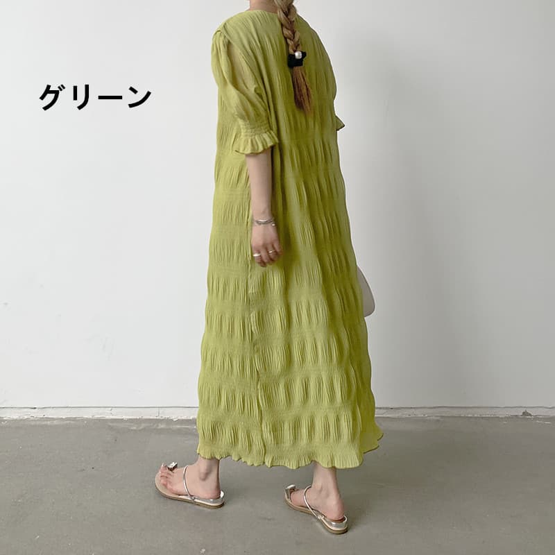 ロングワンピース シャーリング シフォン マキシワンピース ギャザー 長袖