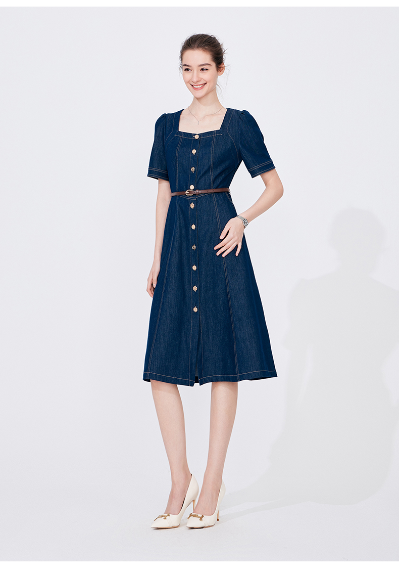 ワンピース デニム スクエアネック前開きデニムワンピース