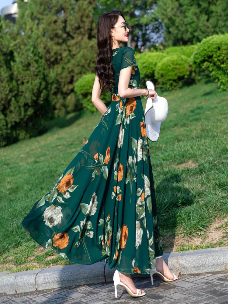 ロングワンピース レース 花柄フレアロングワンピース