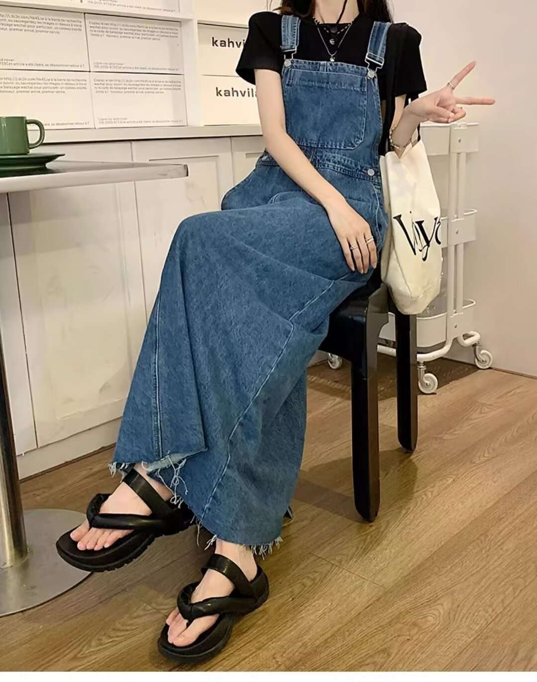 ロングワンピース ゆったりデニムサロペットワンピース