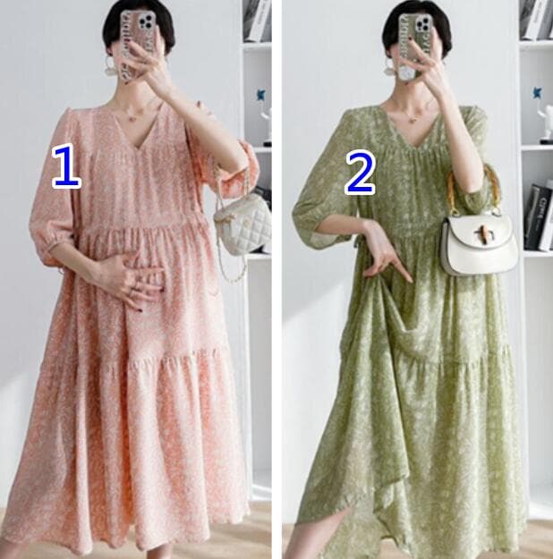 マタニティ対応レース花柄ロングワンピース ブイネック 二色展開