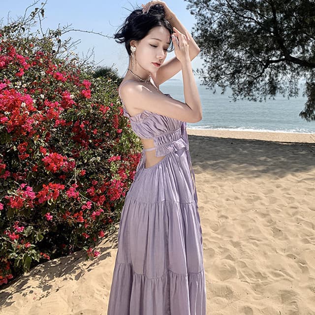 ロングワンピース キャミソール夏ワンピース 大人可愛い紫色 リゾート結婚式対応