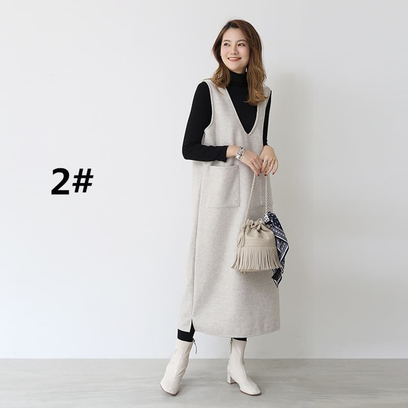 ロングワンピース 秋冬ノースリーブロング丈ワンピース ポケット付きジャンパースカート