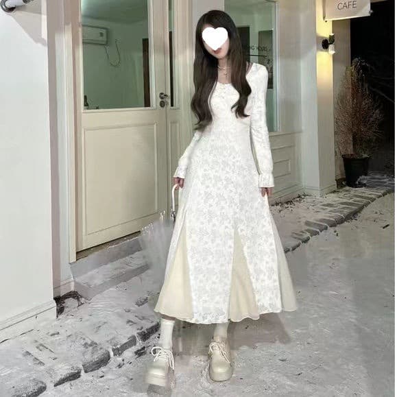 ロングワンピース レース編み込みクラシカルワンピース