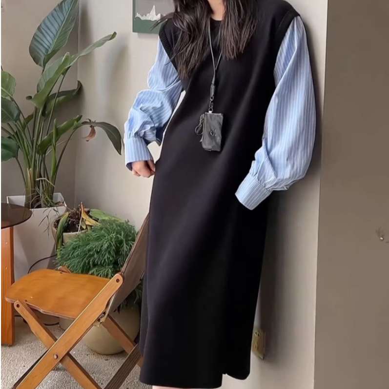 ロングワンピース コットン袖切替ロングワンピース
