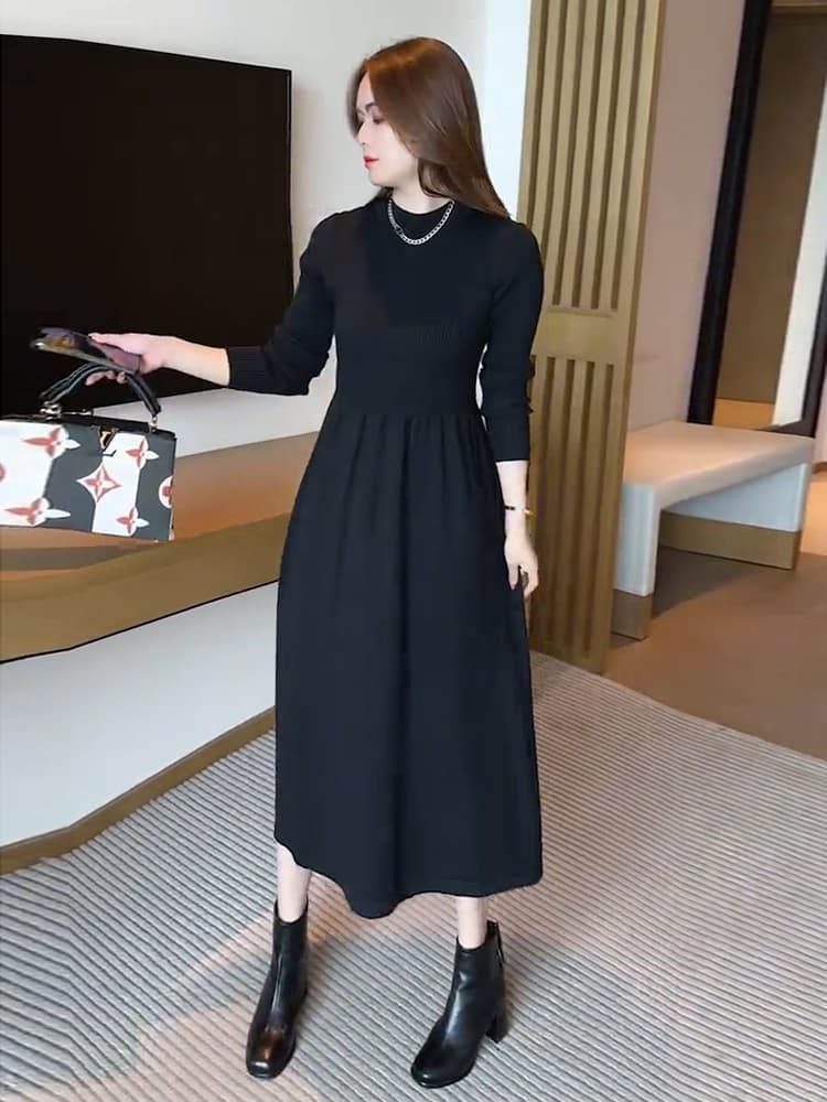 ロングワンピース ニット 上品リブ切替ハイネックニットワンピース