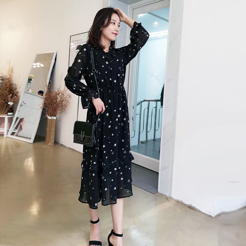 ロングワンピース シャツ 星柄シフォン長袖シャツワンピース