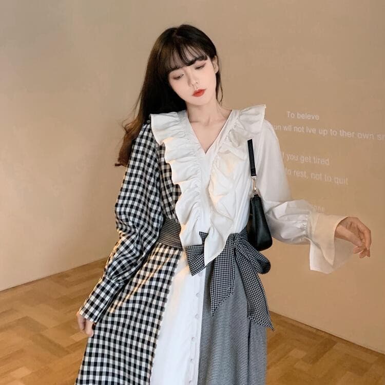 フリル襟ギンガムチェック切替ロングワンピース