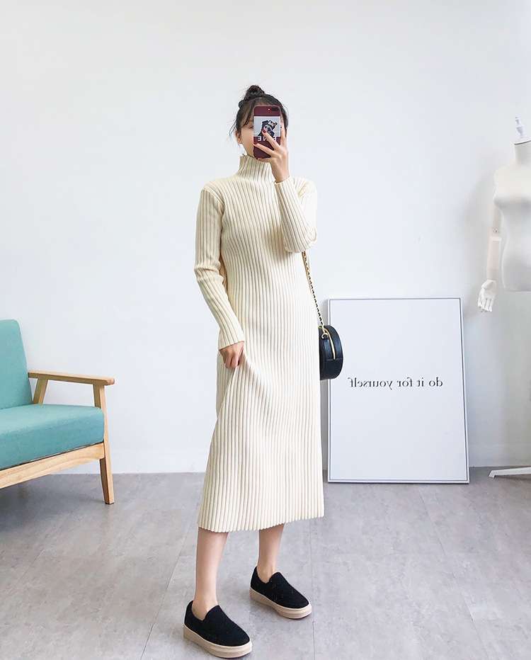ロングワンピース リブ編みタートルネックミディアム丈ワンピース