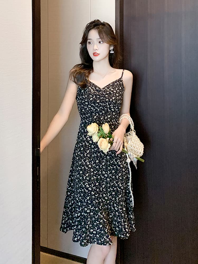 小花柄プリーツ切替キャミソールロングワンピース