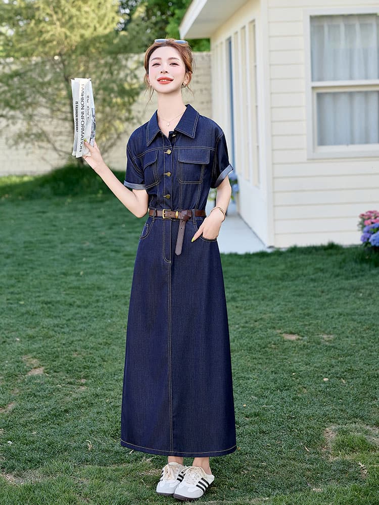 ロングワンピース デニム シャツ襟デニムロングワンピース