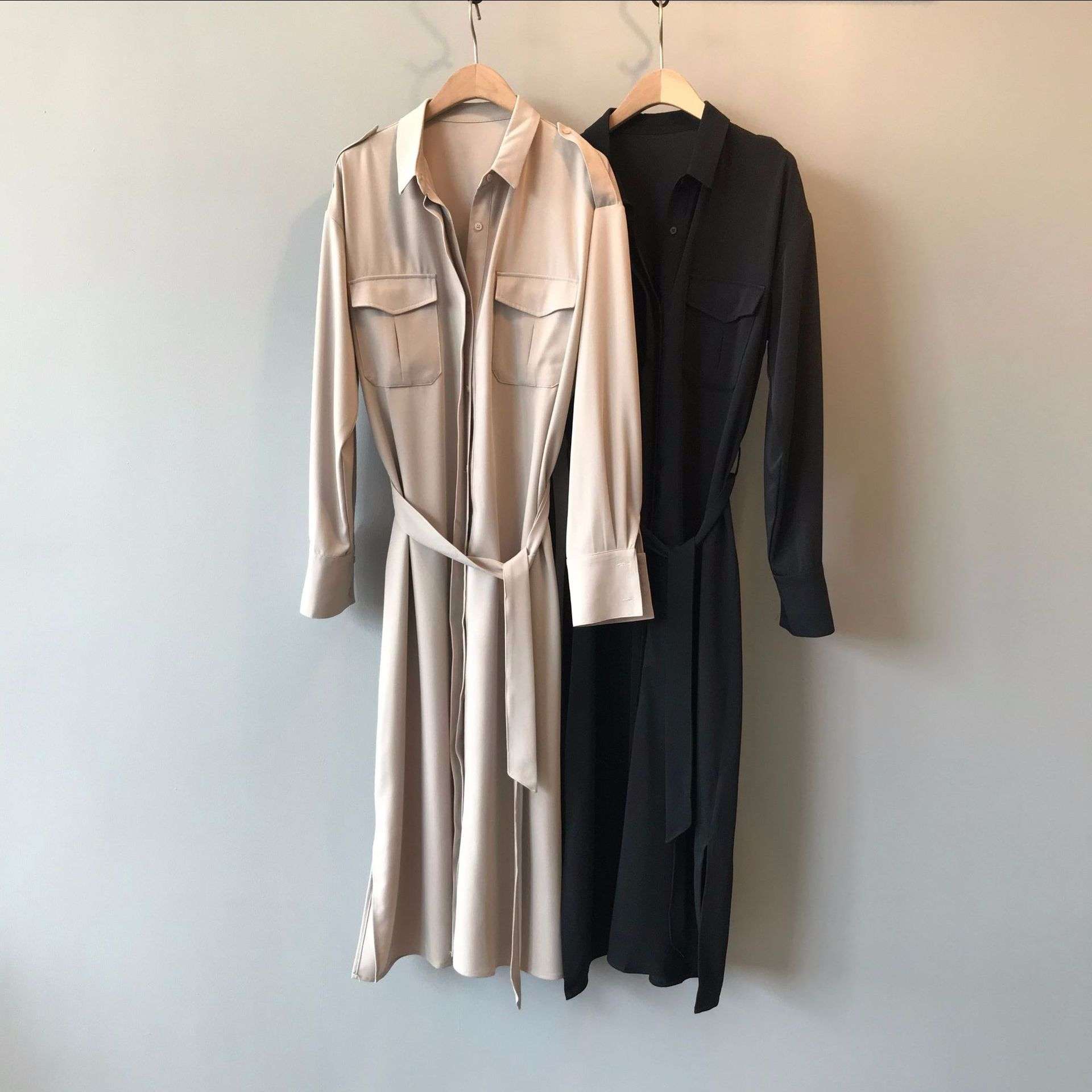 ロングワンピース フロントポケット付きシャツワンピース