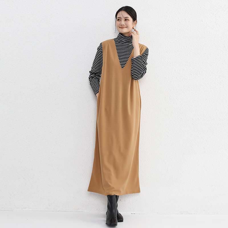 ロングワンピース シンプル深Vネックジャンパースカート
