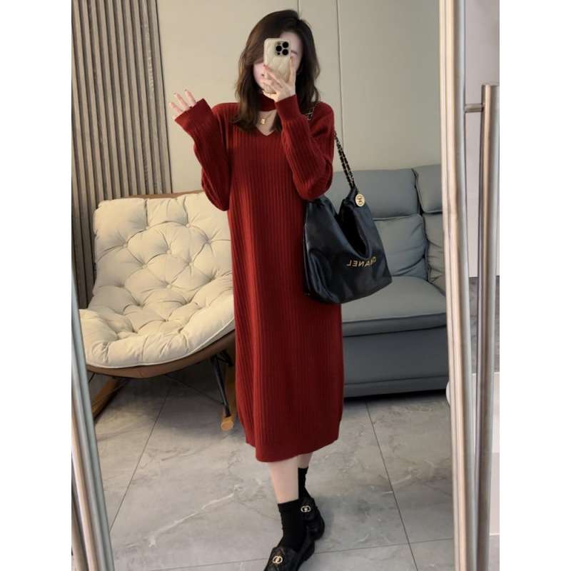 ロングワンピース シンプル美シルエットリブニットワンピース
