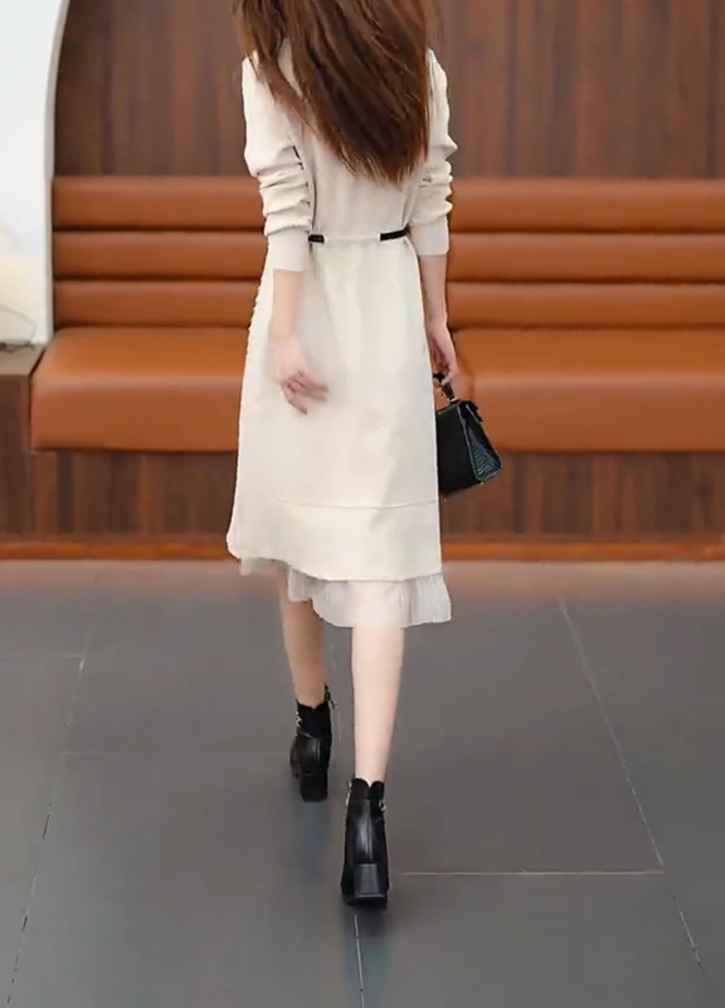 ロングワンピース ニュアンスプリーツ切り替えニットワンピース