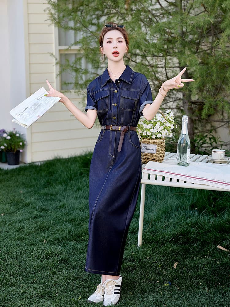 ロングワンピース デニム シャツ襟デニムロングワンピース