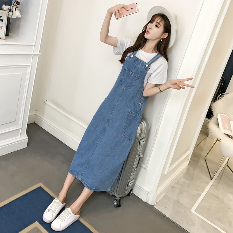 ロングワンピース デニム さわやか夏のデニムサロペットワンピース