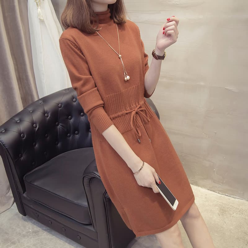 ワンピース タートルネック ウエストリボン タートルネック ニットワンピース