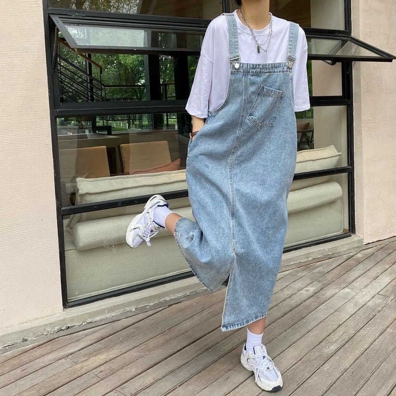ロングワンピース ゆったりデニムサロペットワンピース