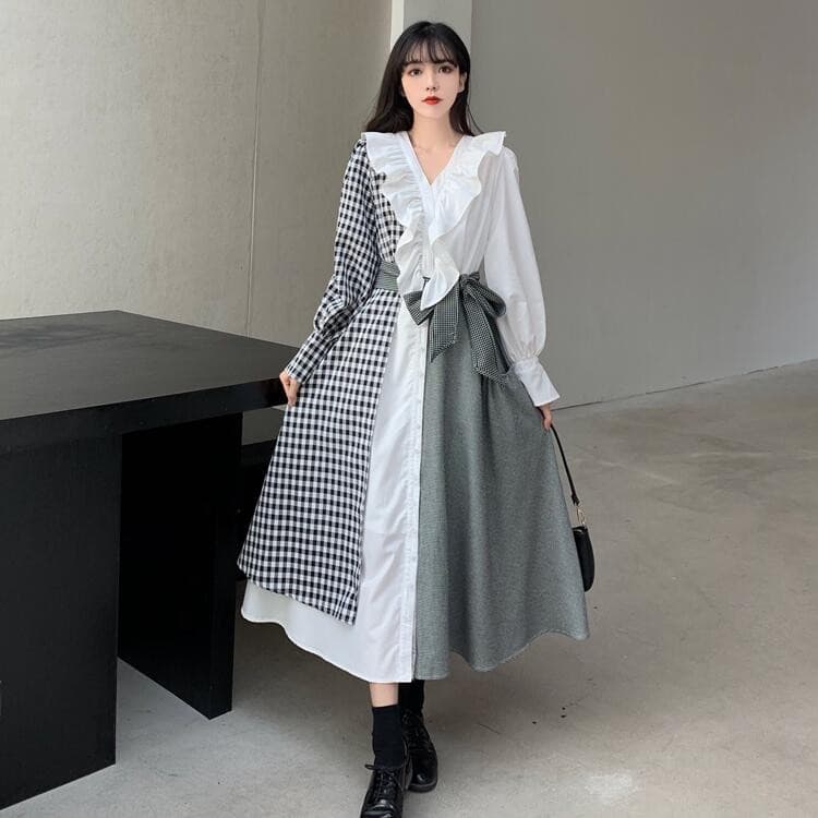 フリル襟ギンガムチェック切替ロングワンピース