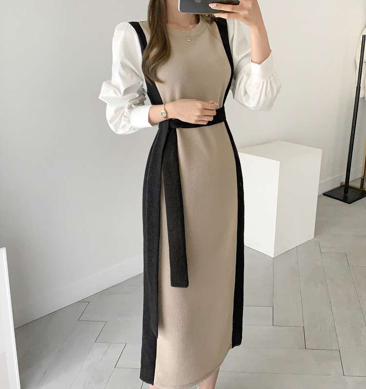 ロングワンピース 上品リボンデザイン スリーブ切替ワンピース