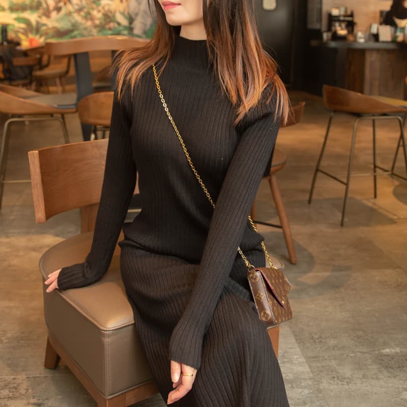 ロングワンピース タートルネック リブ編みタートルネックロングワンピース