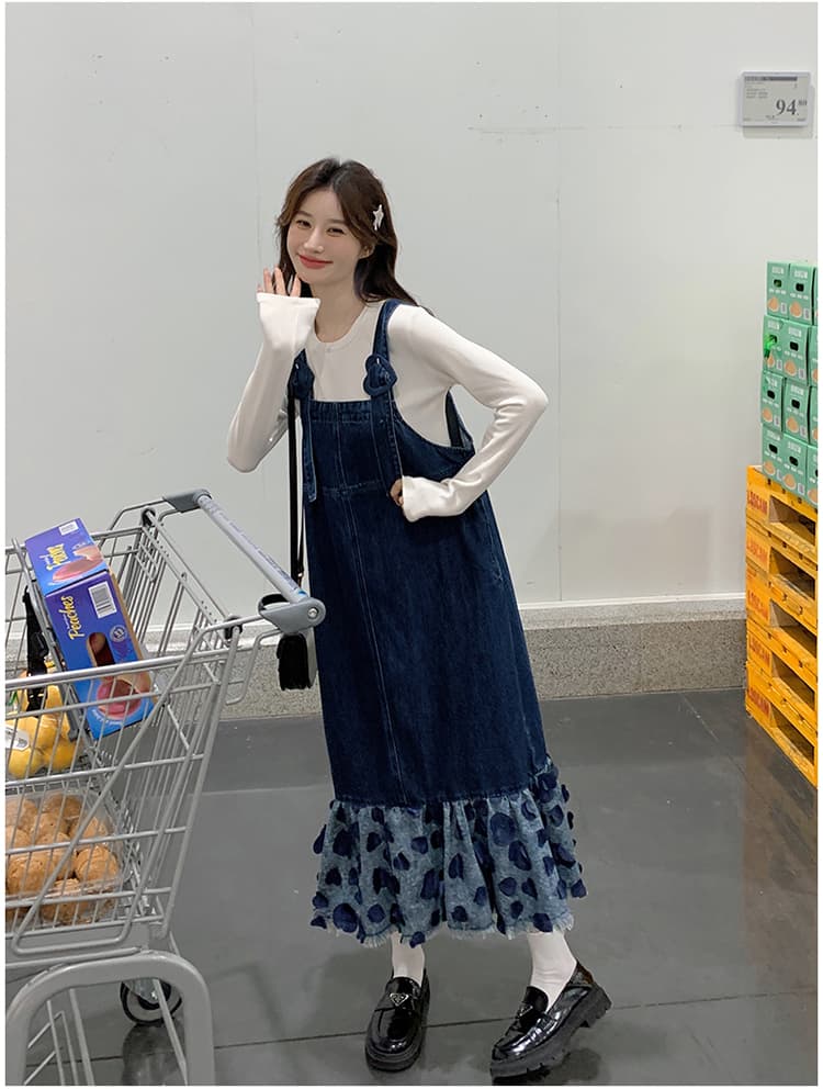 ロングワンピース ハートフリルデニムサロペットワンピース