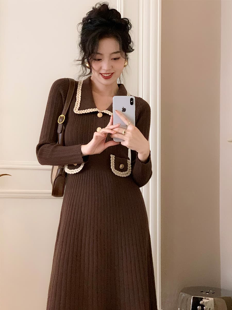 ロングワンピース ニット パール風装飾付きリブ編みロングワンピース