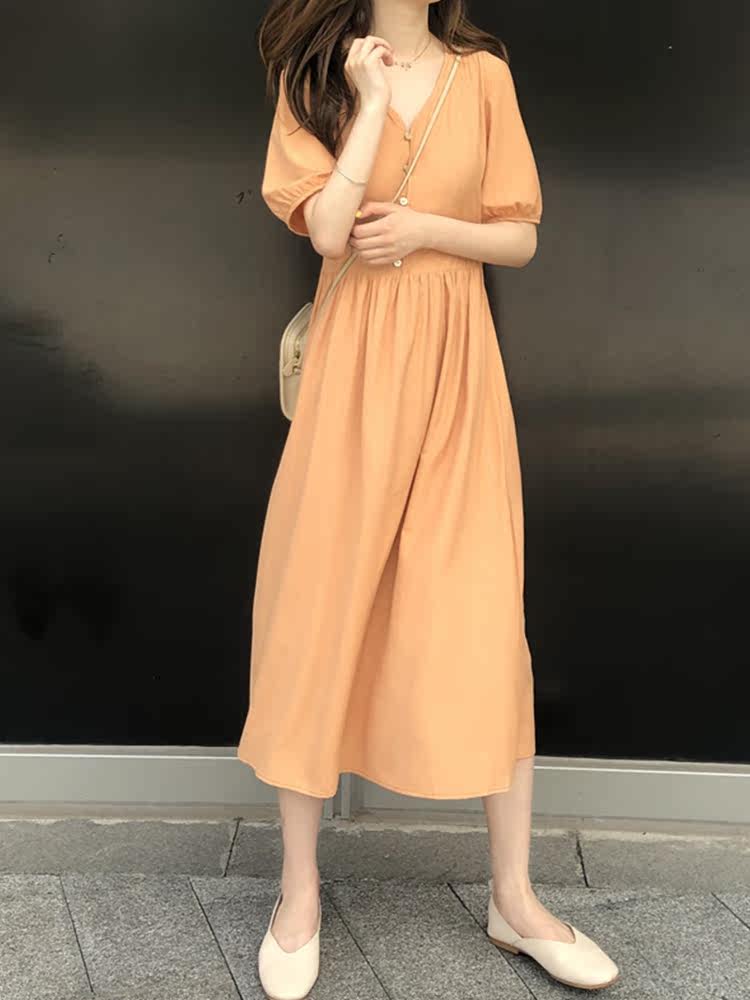 ロングワンピース シャツ パフスリーブ前開きボタンシャツワンピース