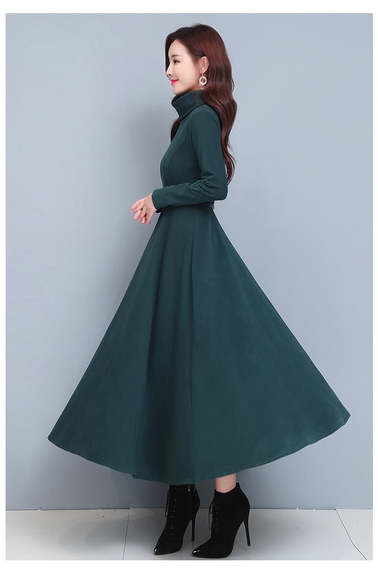ロングワンピース タートルネック 上品シルエット ベルト付きタートルネックワンピース